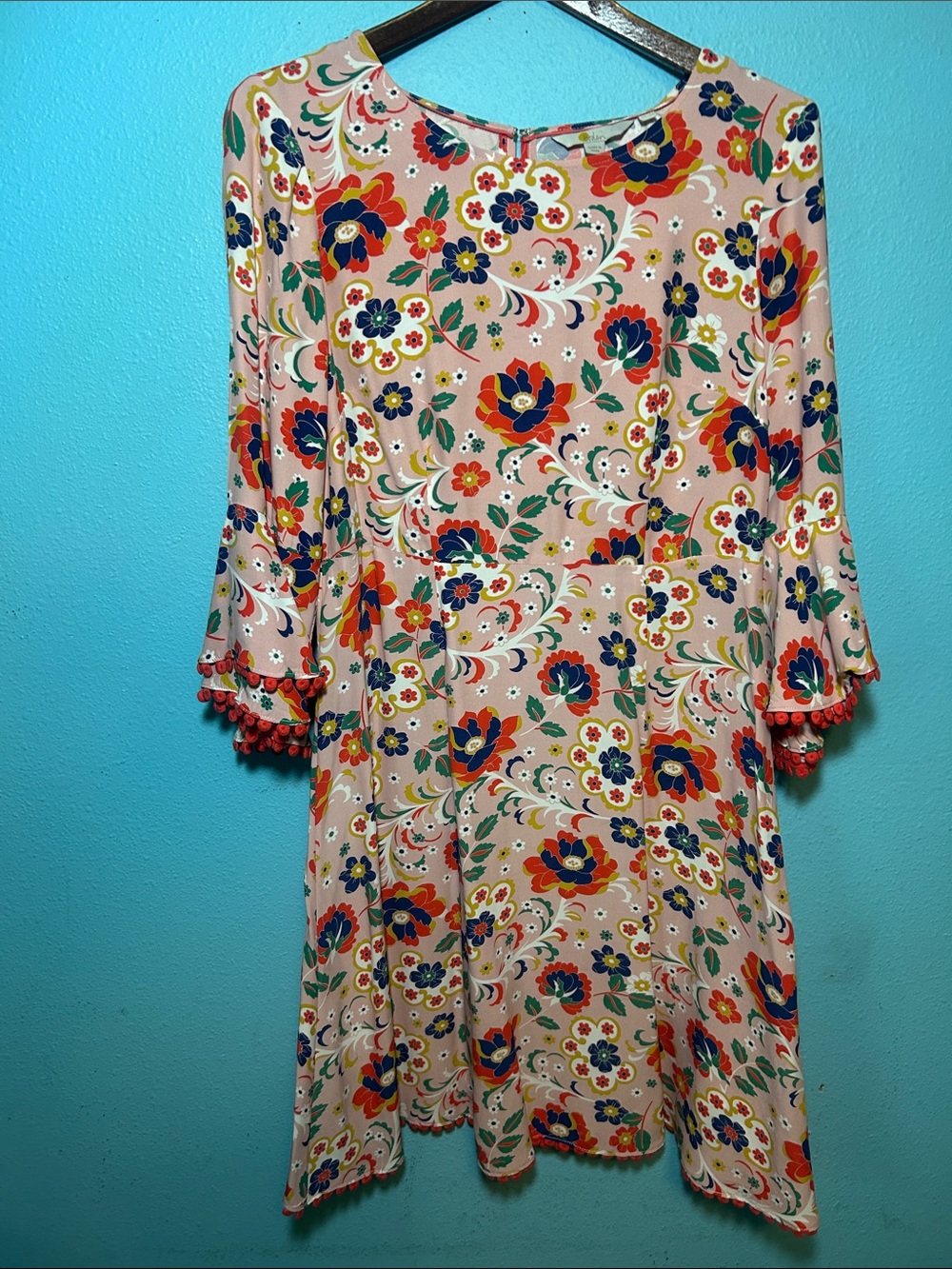 Boden Pink Floral Midi Dress with Ruffle Sleeves.  A Line.